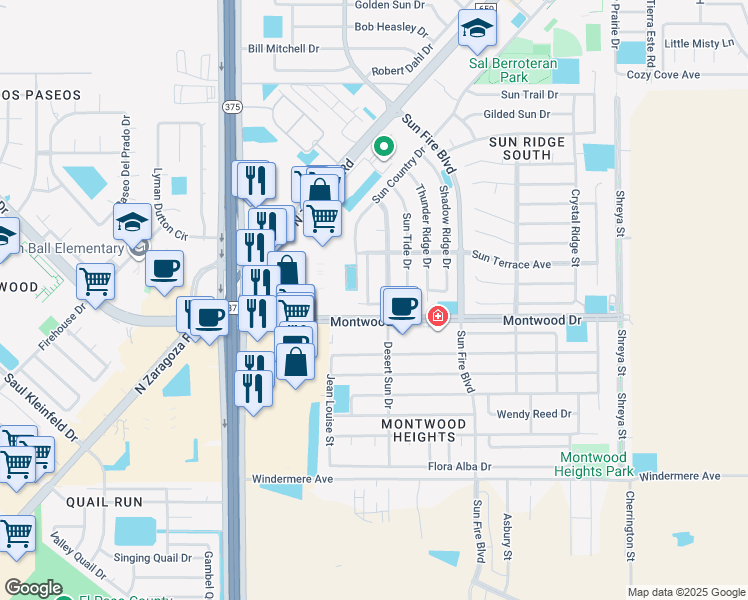 map of restaurants, bars, coffee shops, grocery stores, and more near 1900 Sun Spot Street in El Paso