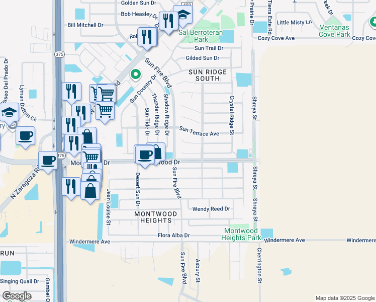 map of restaurants, bars, coffee shops, grocery stores, and more near 12516 Crystal Ridge Street in El Paso