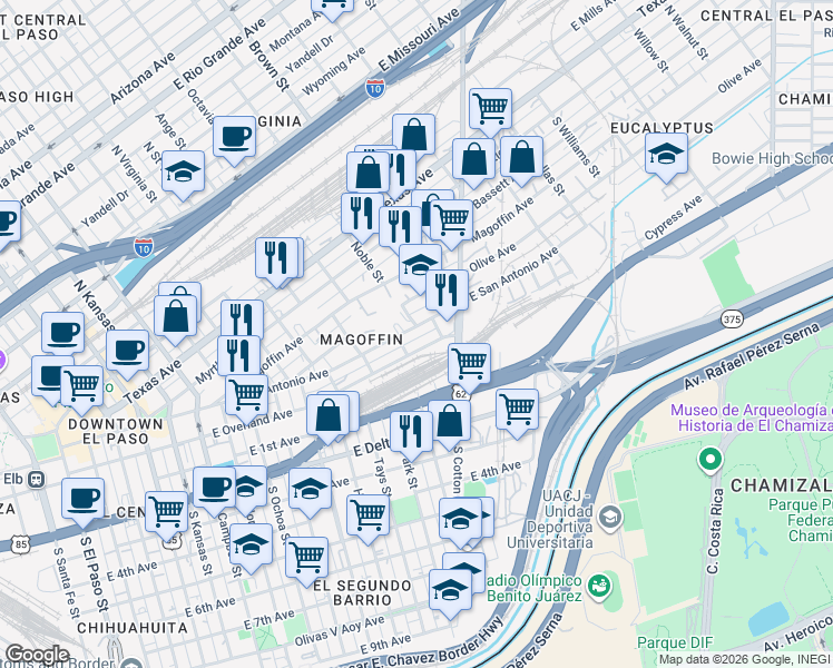 map of restaurants, bars, coffee shops, grocery stores, and more near 111 Park Street in El Paso