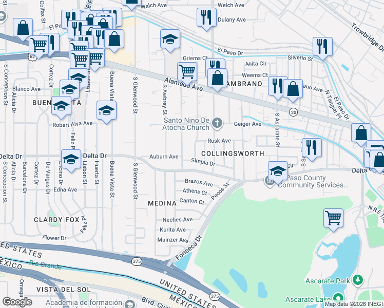 map of restaurants, bars, coffee shops, grocery stores, and more near 5912 Simpia Drive in El Paso
