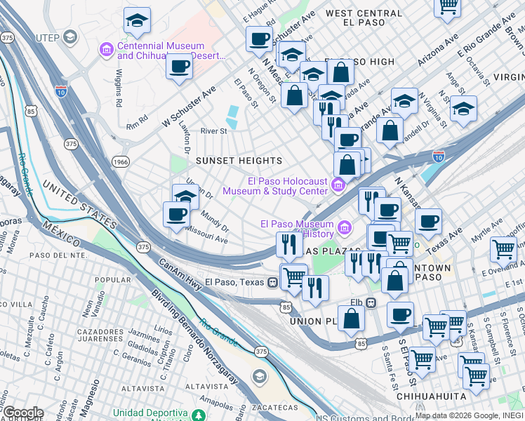 map of restaurants, bars, coffee shops, grocery stores, and more near 649 Upson Drive in El Paso