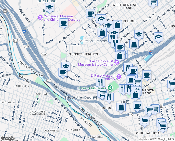 map of restaurants, bars, coffee shops, grocery stores, and more near 649 Upson Drive in El Paso