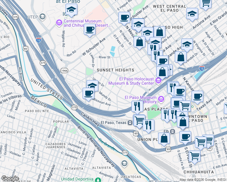 map of restaurants, bars, coffee shops, grocery stores, and more near 706 Upson Drive in El Paso
