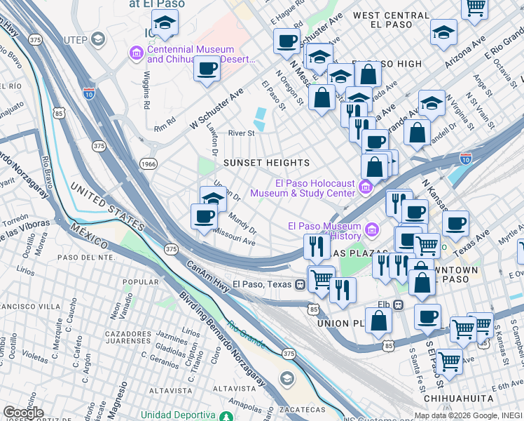 map of restaurants, bars, coffee shops, grocery stores, and more near 706 Upson Drive in El Paso
