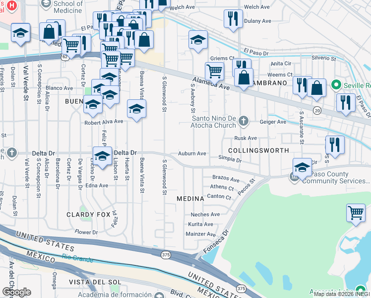 map of restaurants, bars, coffee shops, grocery stores, and more near 5712 Auburn Avenue in El Paso