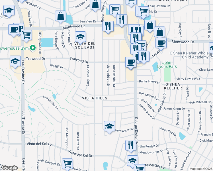 map of restaurants, bars, coffee shops, grocery stores, and more near 1713 Jerry Abbott Street in El Paso