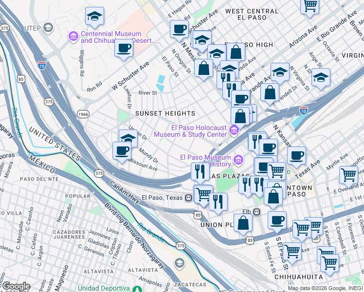 map of restaurants, bars, coffee shops, grocery stores, and more near 617 Prospect Street in El Paso