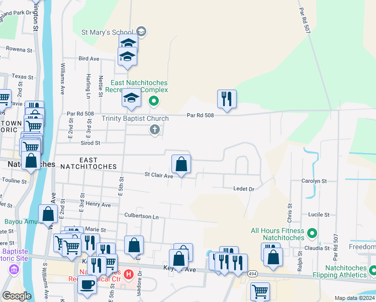 map of restaurants, bars, coffee shops, grocery stores, and more near 636 Whitfield Drive in Natchitoches