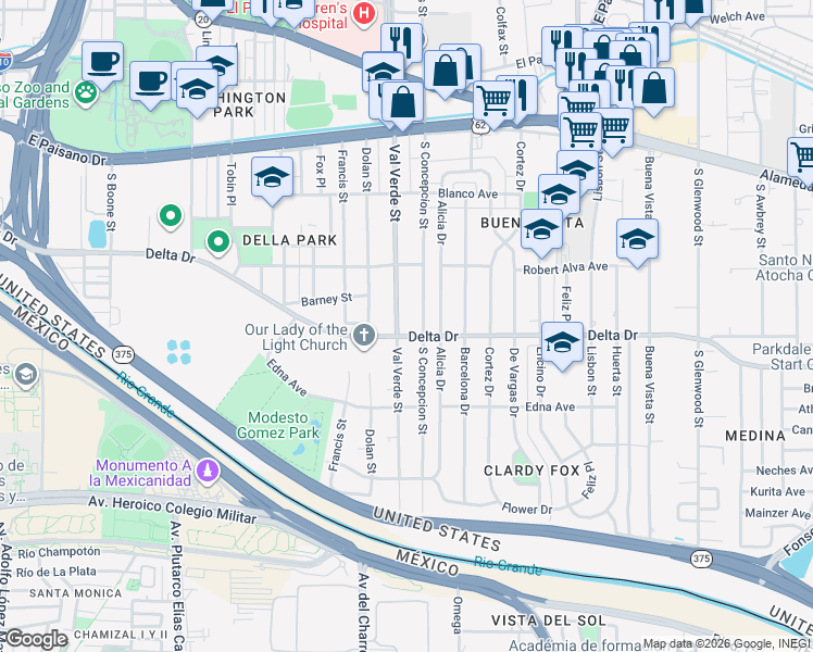 map of restaurants, bars, coffee shops, grocery stores, and more near 504 Val Verde Street in El Paso