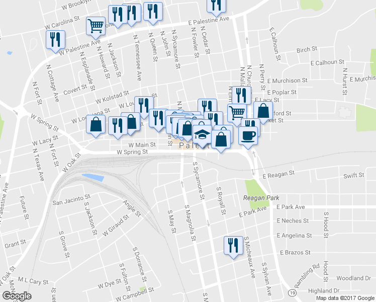 map of restaurants, bars, coffee shops, grocery stores, and more near 113 West Spring Street in Palestine
