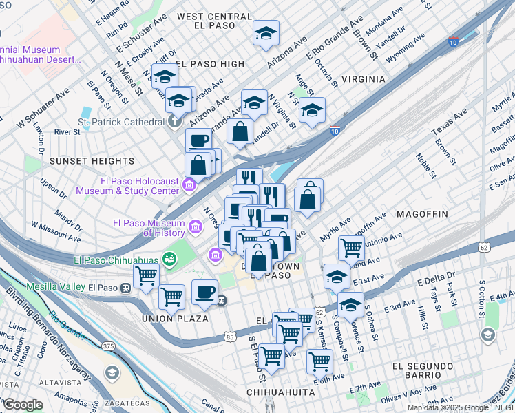 map of restaurants, bars, coffee shops, grocery stores, and more near 215 West Main Drive in El Paso