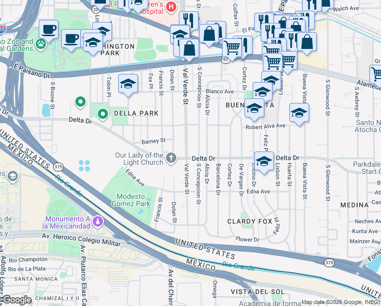 map of restaurants, bars, coffee shops, grocery stores, and more near 504 Val Verde Street in El Paso