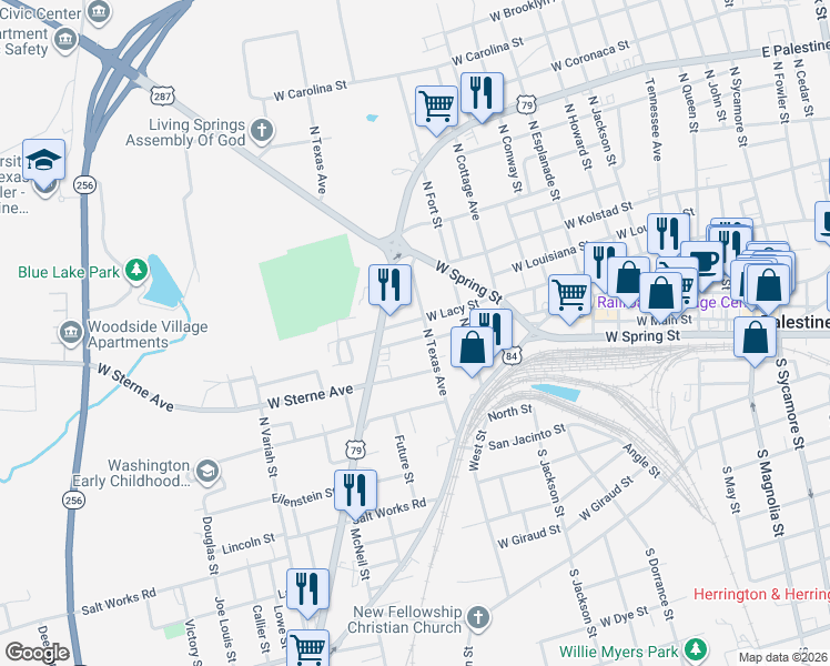 map of restaurants, bars, coffee shops, grocery stores, and more near 1230 West Debard Street in Palestine