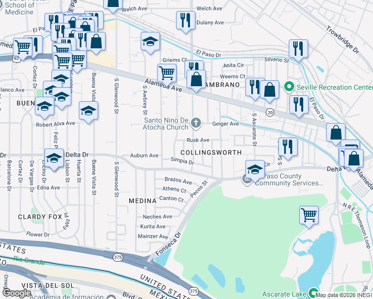 map of restaurants, bars, coffee shops, grocery stores, and more near 6017 Rusk Avenue in El Paso