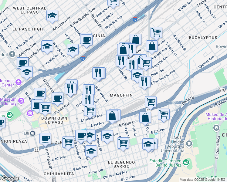 map of restaurants, bars, coffee shops, grocery stores, and more near 1010 Myrtle Avenue in El Paso