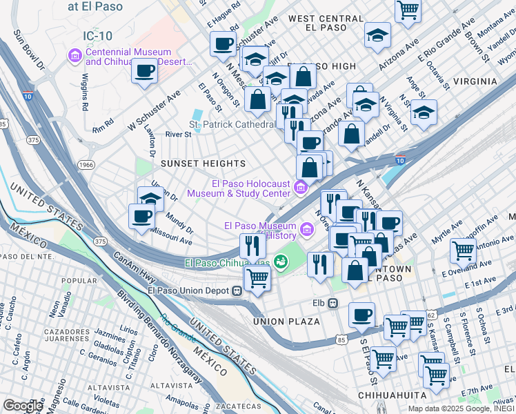 map of restaurants, bars, coffee shops, grocery stores, and more near 415 West Yandell Drive in El Paso