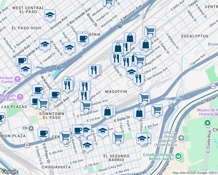 map of restaurants, bars, coffee shops, grocery stores, and more near 1010 Myrtle Avenue in El Paso