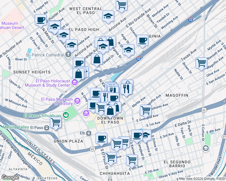 map of restaurants, bars, coffee shops, grocery stores, and more near 420 North Campbell Street in El Paso