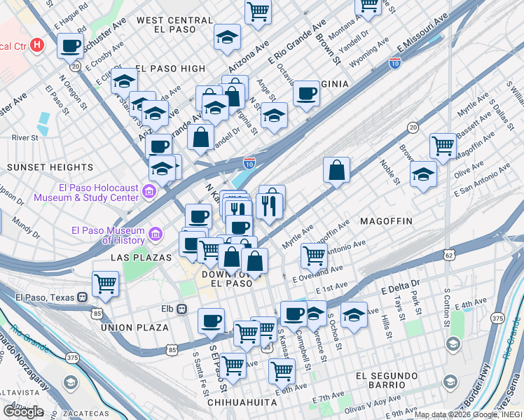 map of restaurants, bars, coffee shops, grocery stores, and more near in El Paso