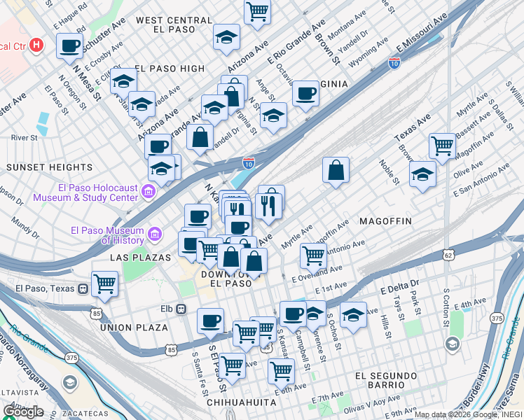 map of restaurants, bars, coffee shops, grocery stores, and more near in El Paso