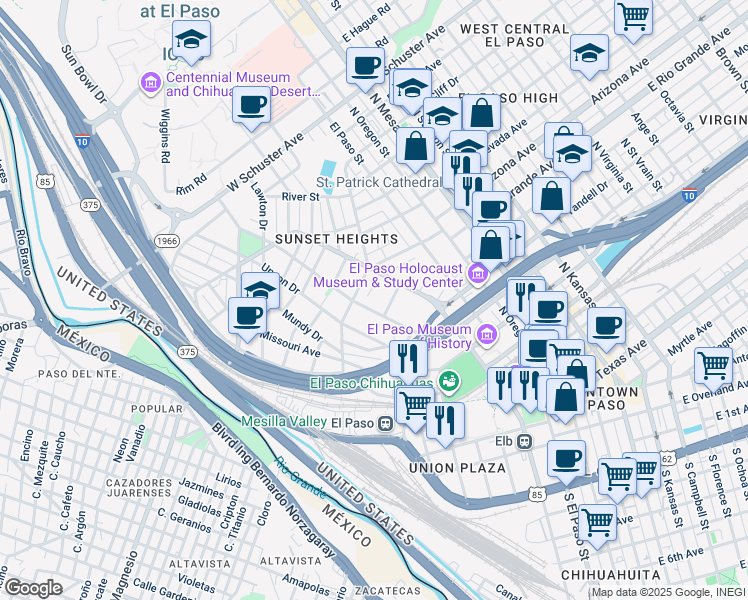map of restaurants, bars, coffee shops, grocery stores, and more near 515 Los Angeles Drive in El Paso