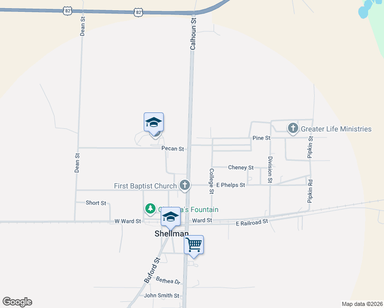 map of restaurants, bars, coffee shops, grocery stores, and more near Cemetery Street in Shellman