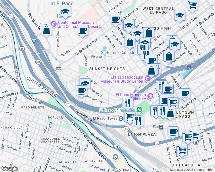 map of restaurants, bars, coffee shops, grocery stores, and more near 712 Prospect Street in El Paso