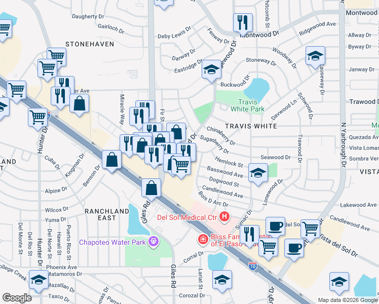 map of restaurants, bars, coffee shops, grocery stores, and more near 1301 Wedgewood Drive in El Paso