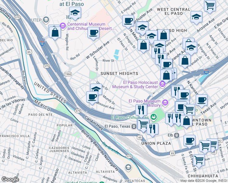 map of restaurants, bars, coffee shops, grocery stores, and more near 800 Prospect Street in El Paso