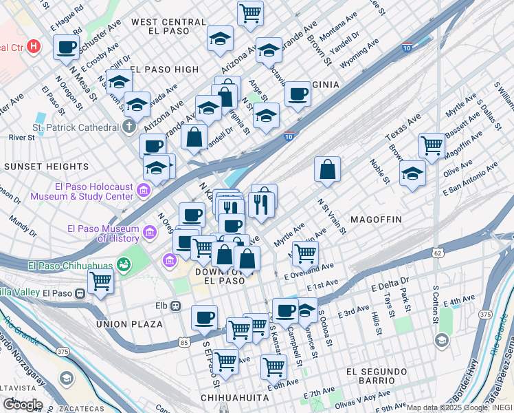 map of restaurants, bars, coffee shops, grocery stores, and more near 300 North Campbell Street in El Paso