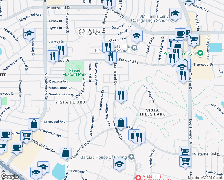 map of restaurants, bars, coffee shops, grocery stores, and more near 1713 Villa Santos Circle in El Paso