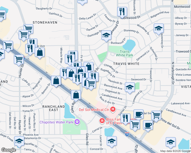 map of restaurants, bars, coffee shops, grocery stores, and more near 1301 Wedgewood Drive in El Paso