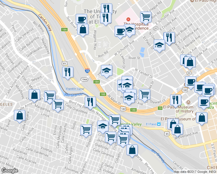 map of restaurants, bars, coffee shops, grocery stores, and more near 1400 West Yandell Drive in El Paso