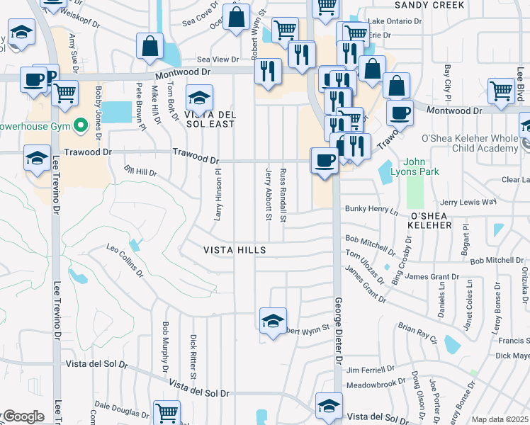 map of restaurants, bars, coffee shops, grocery stores, and more near 1717 Jerry Abbott Street in El Paso