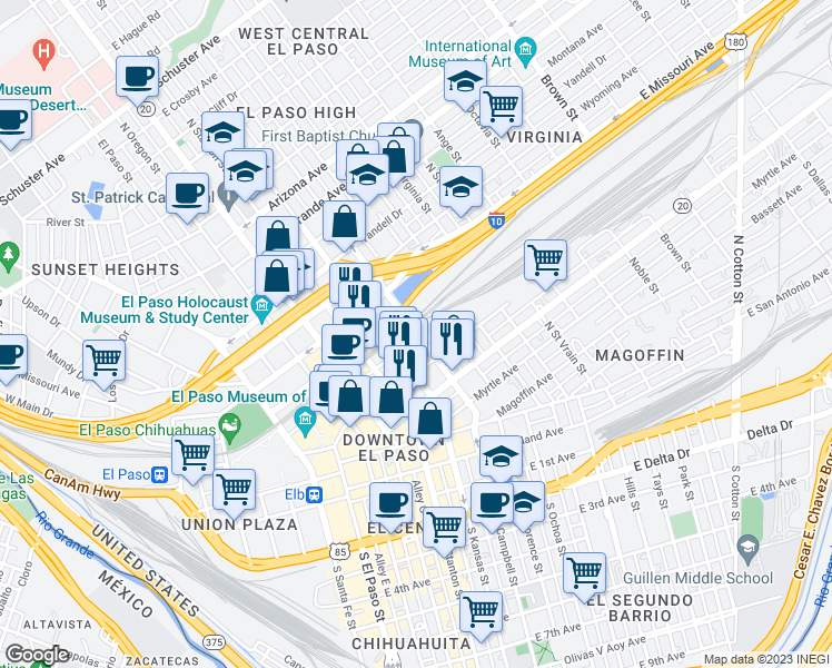 map of restaurants, bars, coffee shops, grocery stores, and more near 409 North Campbell Street in El Paso