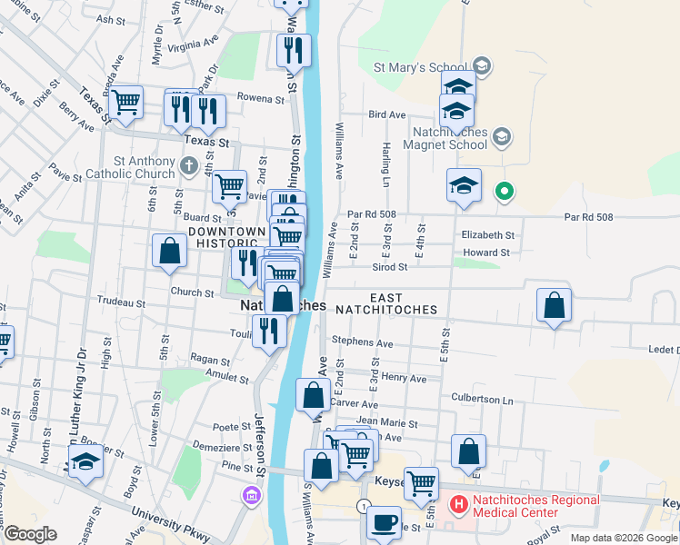 map of restaurants, bars, coffee shops, grocery stores, and more near 701-799 Williams Avenue in Natchitoches