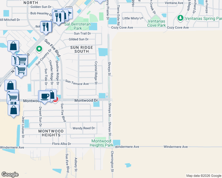 map of restaurants, bars, coffee shops, grocery stores, and more near 1940 Shreya Street in El Paso
