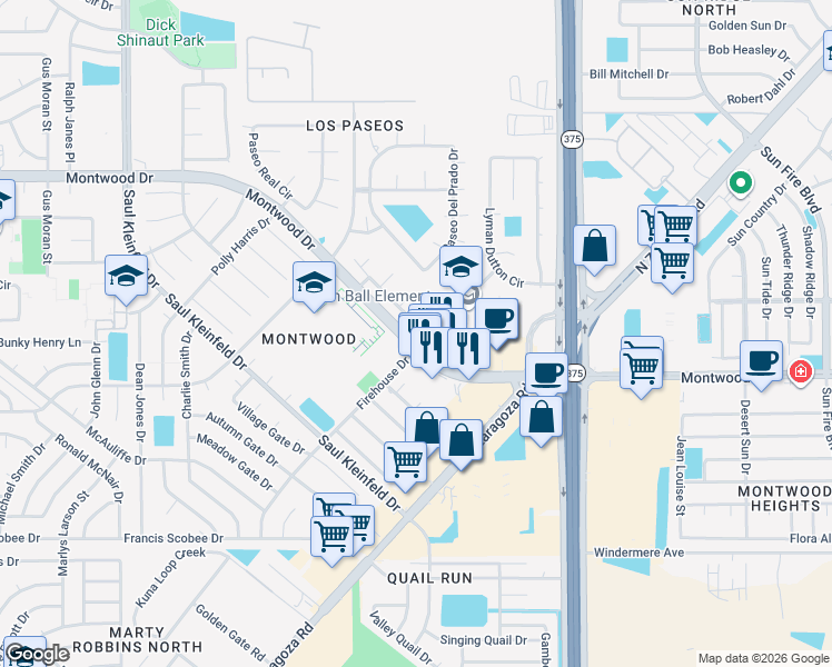 map of restaurants, bars, coffee shops, grocery stores, and more near 12068 Pueblo Laguna Drive in El Paso