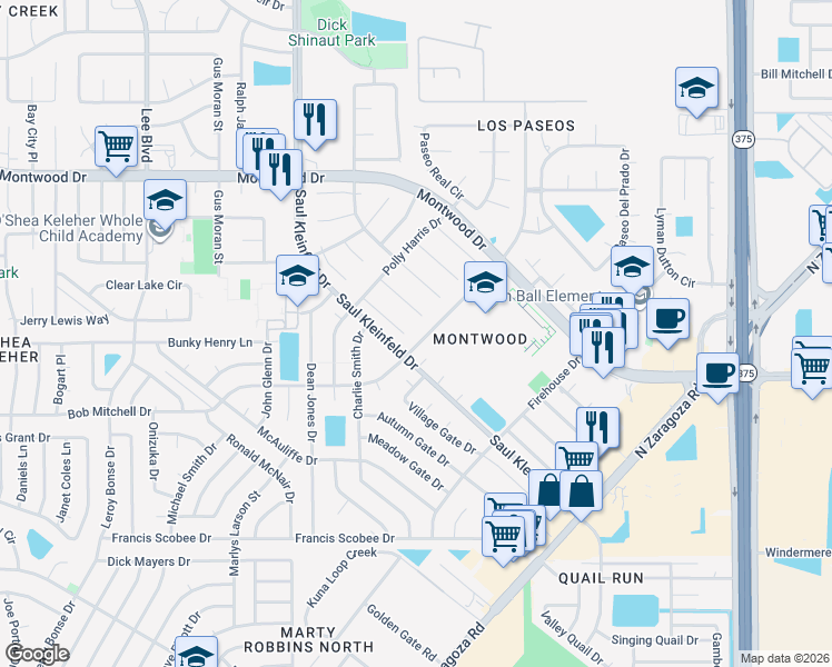map of restaurants, bars, coffee shops, grocery stores, and more near 11929 Pueblo Dormido Way in El Paso