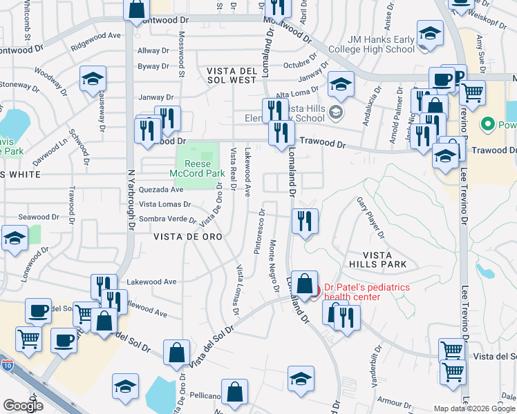 map of restaurants, bars, coffee shops, grocery stores, and more near 10948 Lakewood Avenue in El Paso