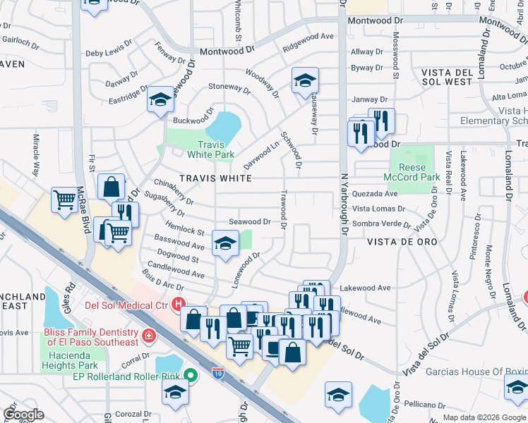 map of restaurants, bars, coffee shops, grocery stores, and more near 10481 Chinaberry Drive in El Paso