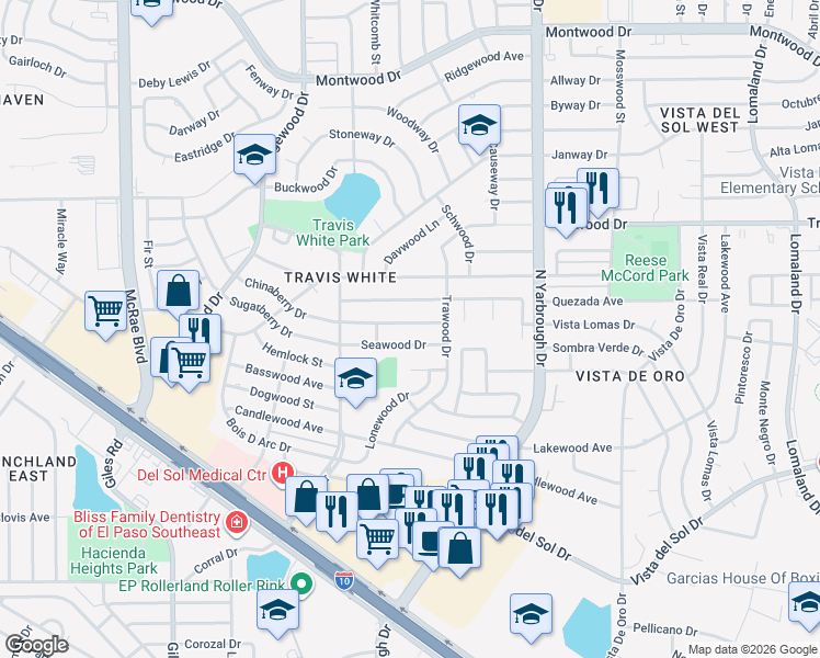 map of restaurants, bars, coffee shops, grocery stores, and more near 10481 Chinaberry Drive in El Paso