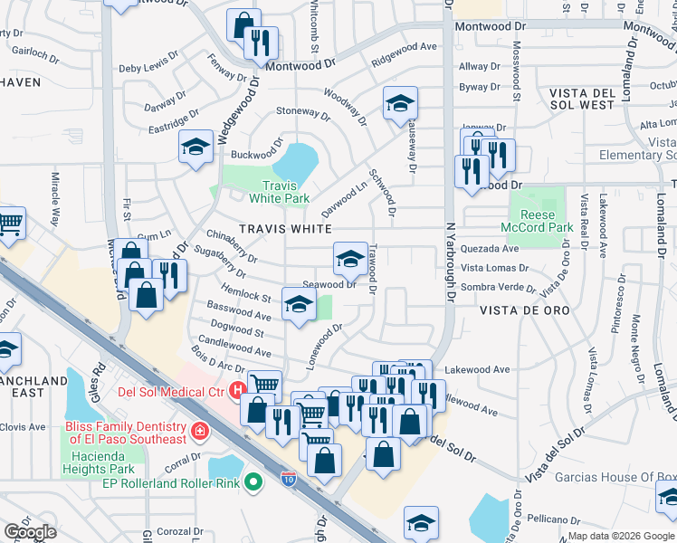 map of restaurants, bars, coffee shops, grocery stores, and more near 10453 Chinaberry Drive in El Paso