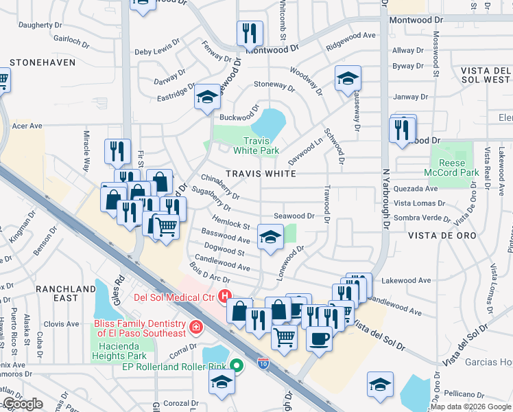 map of restaurants, bars, coffee shops, grocery stores, and more near 10425 Chinaberry Drive in El Paso