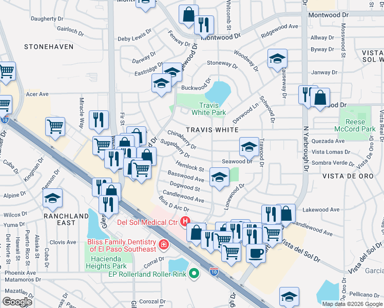 map of restaurants, bars, coffee shops, grocery stores, and more near 10312 Chinaberry Drive in El Paso