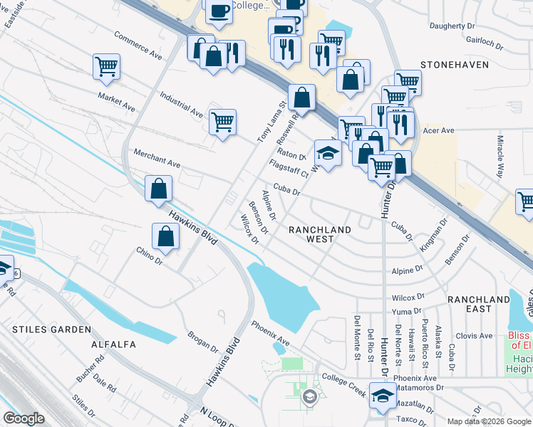 map of restaurants, bars, coffee shops, grocery stores, and more near 7212 Alpine Drive in El Paso