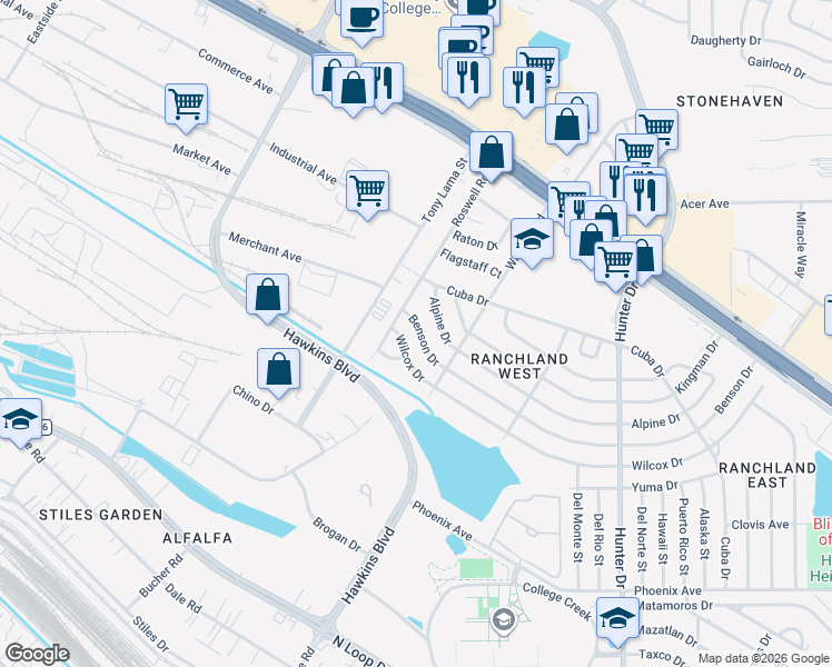 map of restaurants, bars, coffee shops, grocery stores, and more near 7212 Alpine Drive in El Paso