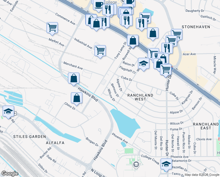 map of restaurants, bars, coffee shops, grocery stores, and more near 7201 Wilcox Drive in El Paso