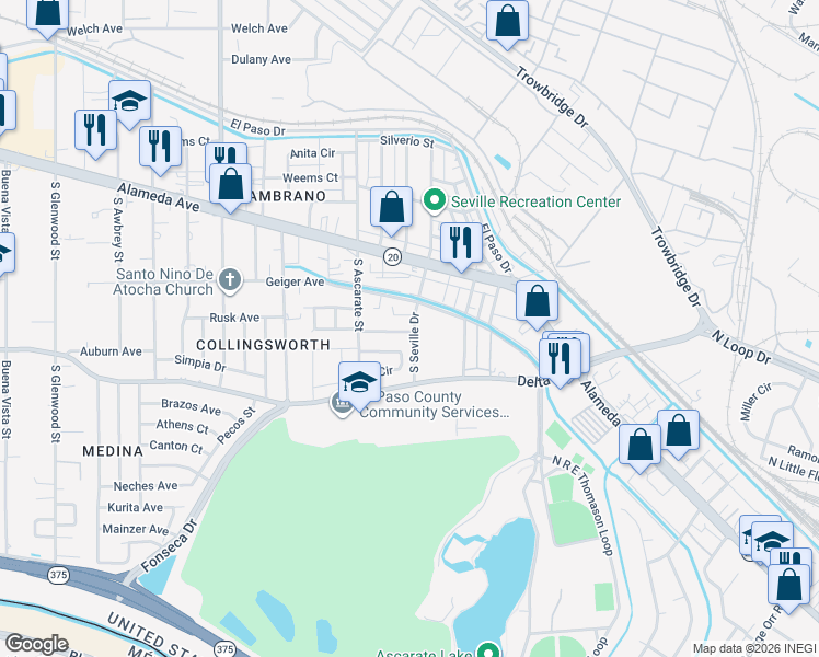map of restaurants, bars, coffee shops, grocery stores, and more near 9 South Seville Drive in El Paso