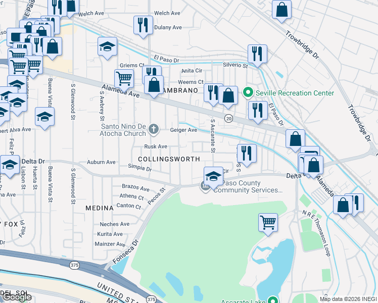 map of restaurants, bars, coffee shops, grocery stores, and more near 222 Cargill Street in El Paso